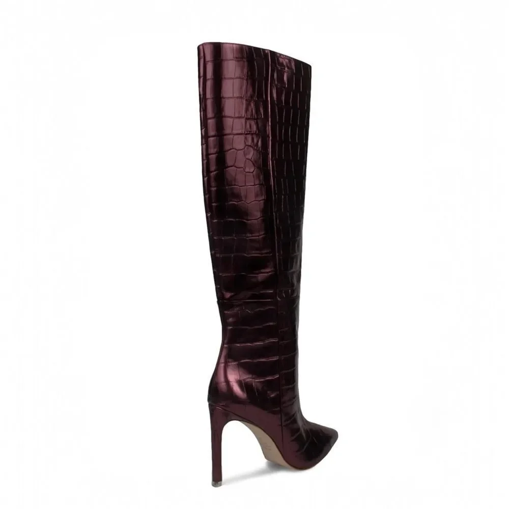 BLACK SUEDE STUDIO Tall Stiletto‎ Boot Croc Embossed Point Toe Oxblood Metallic
